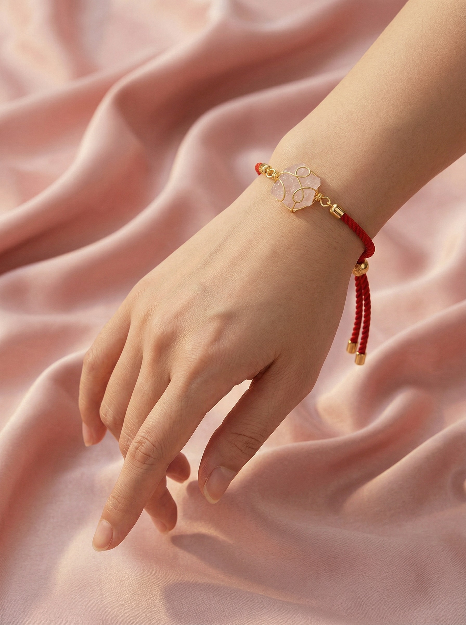 PULSERA CUARZO ROSA con CORDÓN ROJO